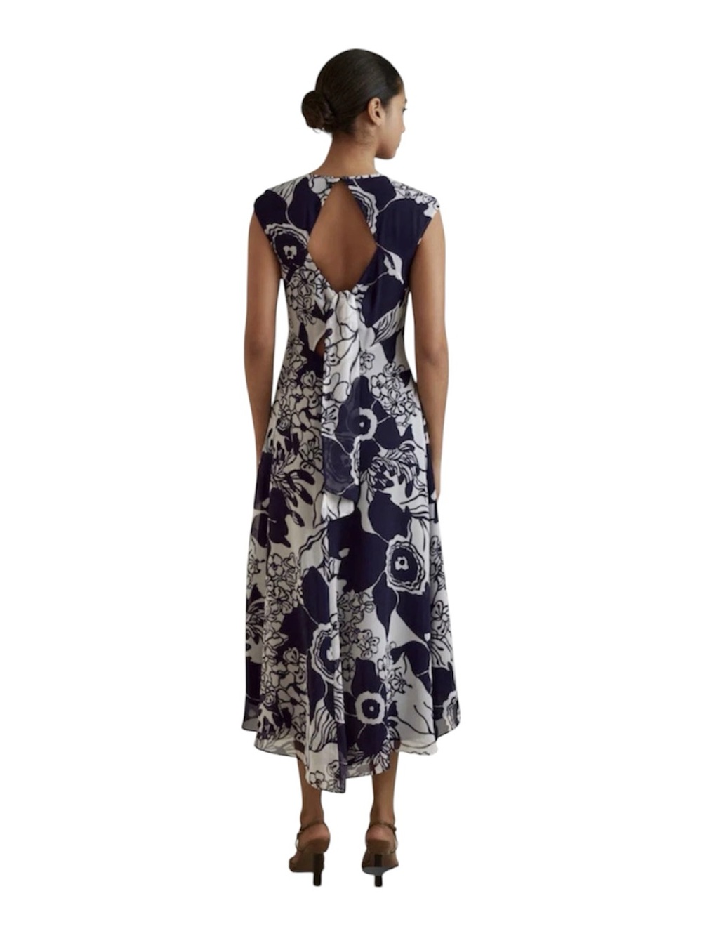 Reiss Navy and White Floral High-Low Midi Dress with Twist Back